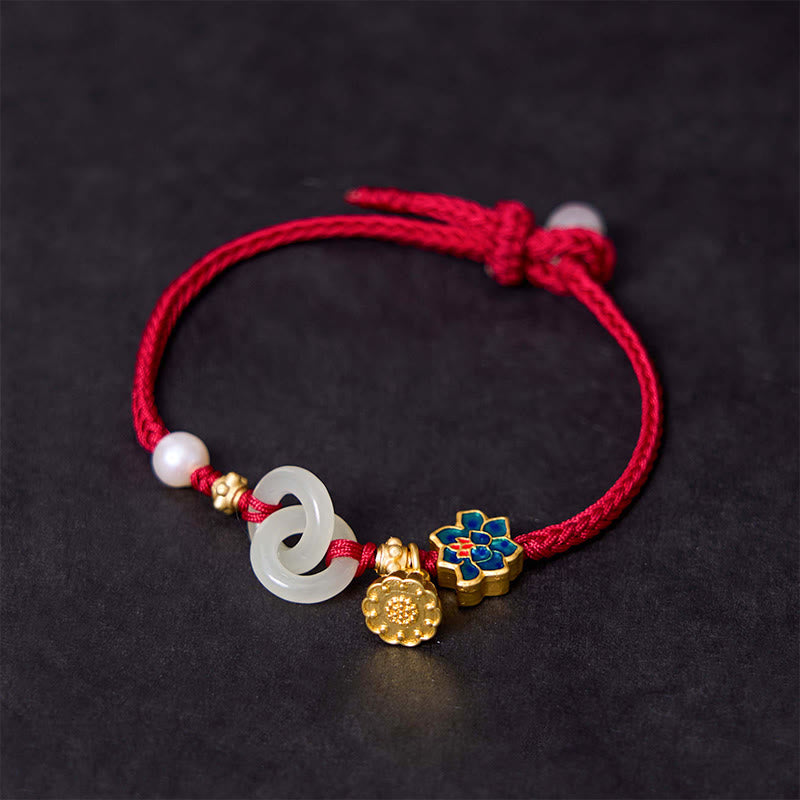 Hand-Braided Rope Bracelet with Hetian Jade Lotus and Ping An Kou Peace Buckle