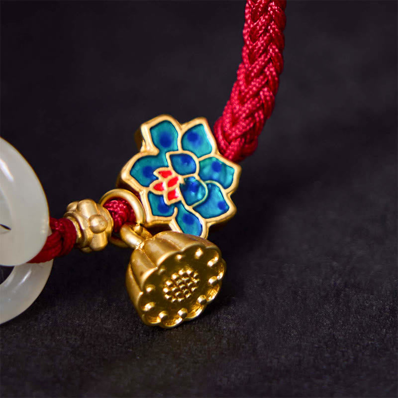 Hand-Braided Rope Bracelet with Hetian Jade Lotus and Ping An Kou Peace Buckle