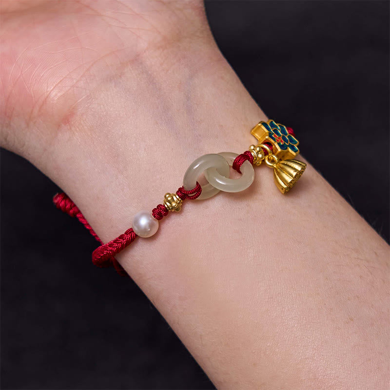 Hand-Braided Rope Bracelet with Hetian Jade Lotus and Ping An Kou Peace Buckle