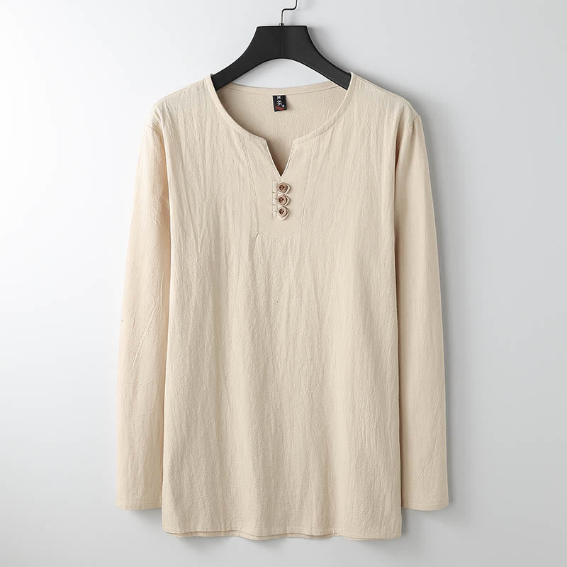 Tactile Cotton Linen Long Sleeve V-Neck Meditation Shirt