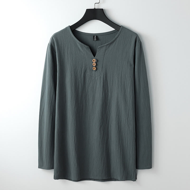 Tactile Cotton Linen Long Sleeve V-Neck Meditation Shirt