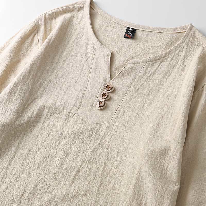 Tactile Cotton Linen Long Sleeve V-Neck Meditation Shirt