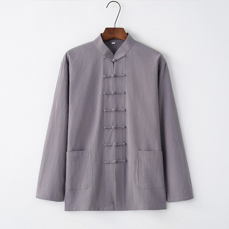 Tang Frog-Button Long Sleeve Shirt Cotton Men's Clothing