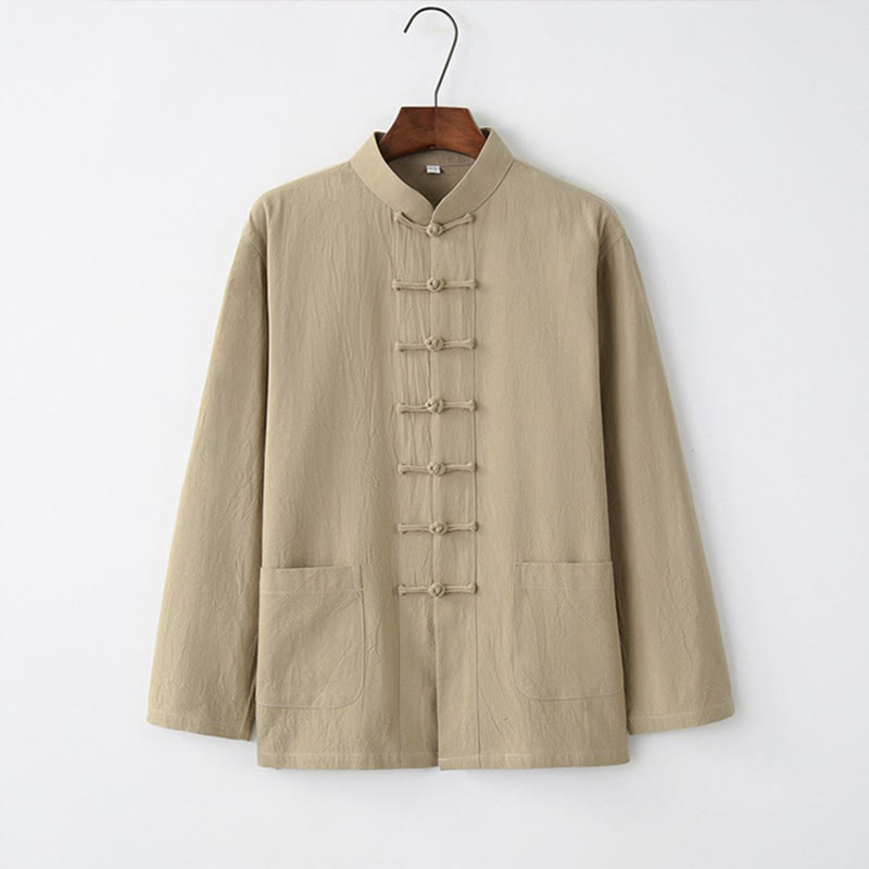 Tang Frog-Button Long Sleeve Shirt Cotton Men's Clothing