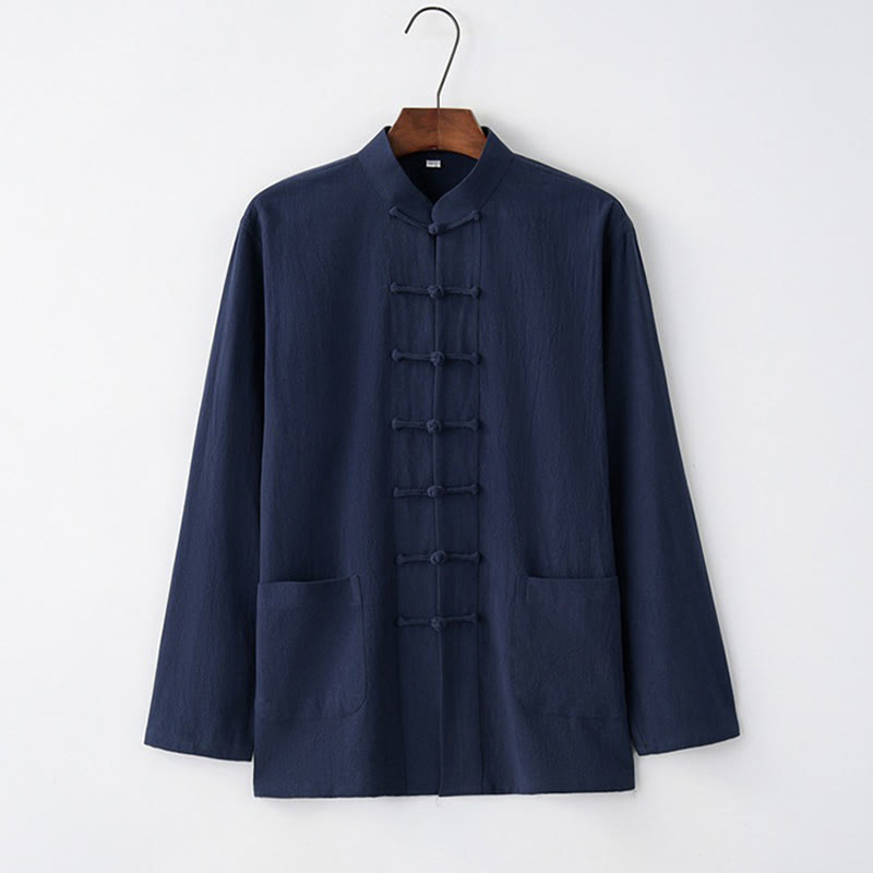 Tang Frog-Button Long Sleeve Shirt Cotton Men's Clothing