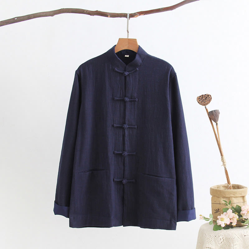 Cotton Linen Frog Button Stand Collar Meditation Shirt