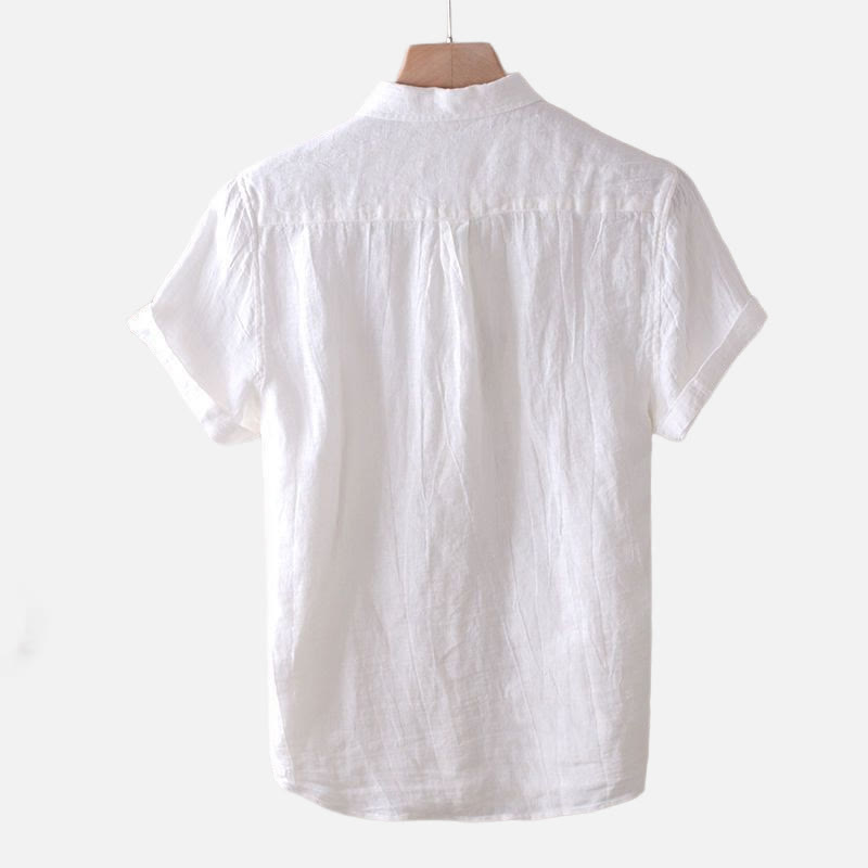 Men's Shirt Solid Color Lapel Top Short Sleeve Comfy Button Crease Cotton Linen Shirt