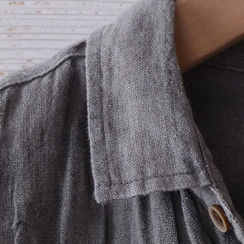 Men's Shirt Solid Color Lapel Top Short Sleeve Comfy Button Crease Cotton Linen Shirt