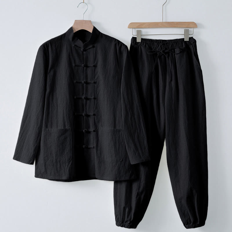 Meditation Frog-Button Tang Long Sleeve Shirt Pants Men's Suit