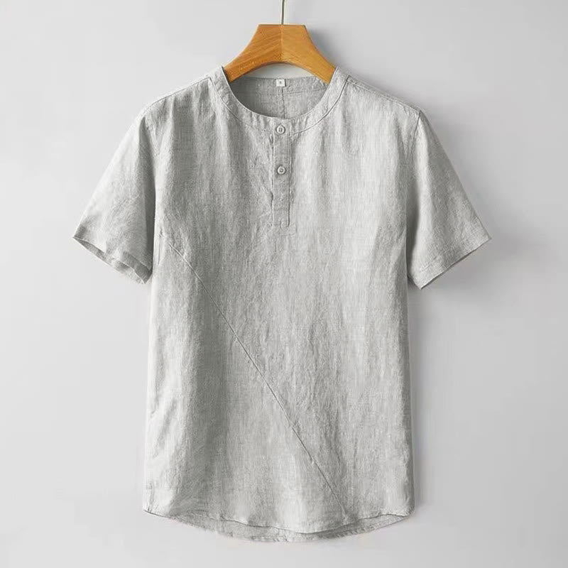Summer Men's Solid Color Button Short Sleeve Cotton Linen Shirt