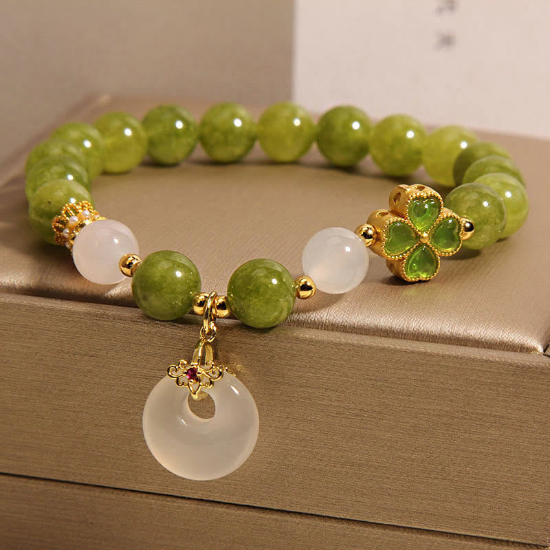 Green Tourmaline Chalcedony Four Leaf Clover Peace Buckle Charm Wisdom Bracelet