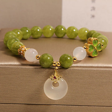 Green Tourmaline Chalcedony Four Leaf Clover Peace Buckle Charm Wisdom Bracelet