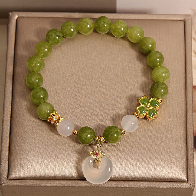Green Tourmaline Chalcedony Four Leaf Clover Peace Buckle Charm Wisdom Bracelet