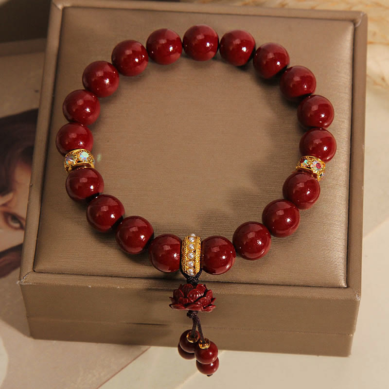 Cinnabar and Pearl Beaded Bracelet with Carved Lotus Charm