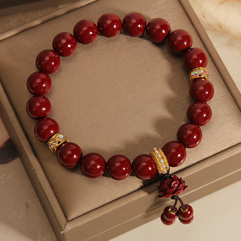Cinnabar and Pearl Beaded Bracelet with Carved Lotus Charm
