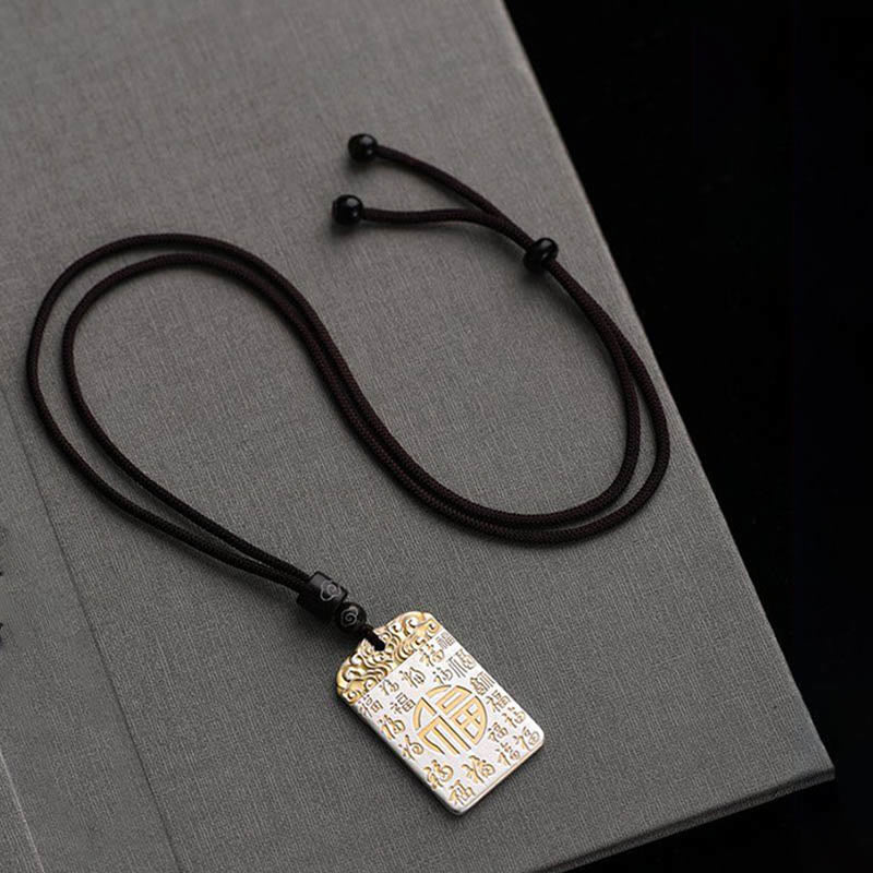Silver Plated Copper Fu Character Auspicious Clouds Luck Fortune Rope Necklace Pendant