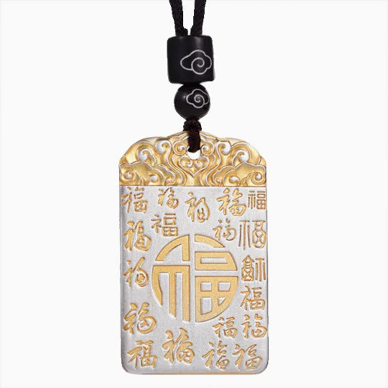 Silver Plated Copper Fu Character Auspicious Clouds Luck Fortune Rope Necklace Pendant