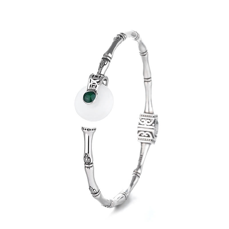 White Jade Peace Buckle Bamboo Design Luck Copper Cuff Bracelet Bangle