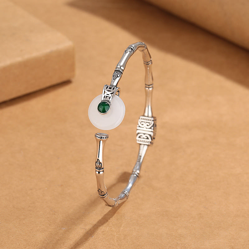 White Jade Peace Buckle Bamboo Design Luck Copper Cuff Bracelet Bangle