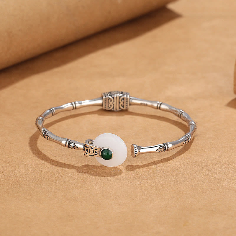 White Jade Peace Buckle Bamboo Design Luck Copper Cuff Bracelet Bangle