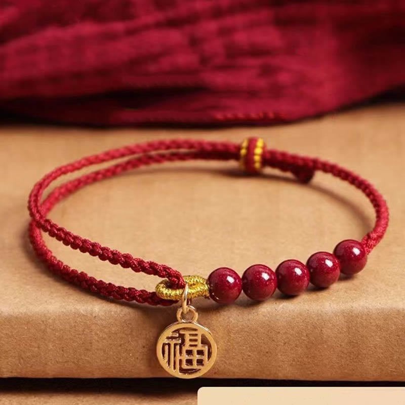 Handmade Braided Red String Cinnabar Bracelet with Fu Character Charm