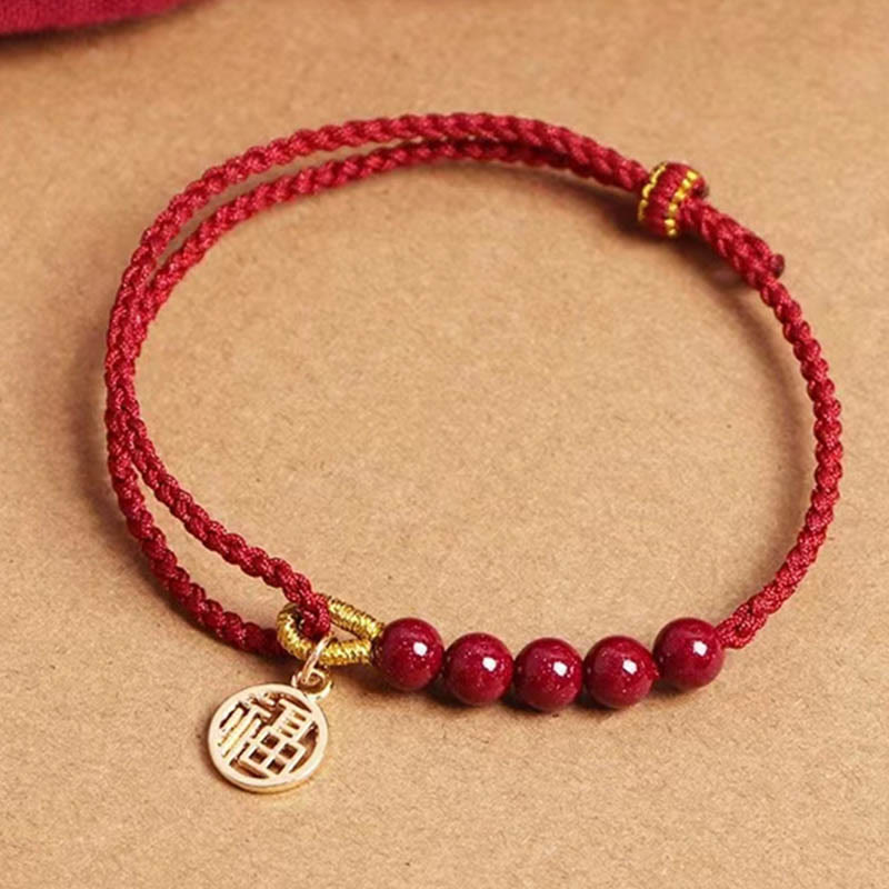 Handmade Braided Red String Cinnabar Bracelet with Fu Character Charm