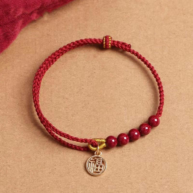 Handmade Braided Red String Cinnabar Bracelet with Fu Character Charm
