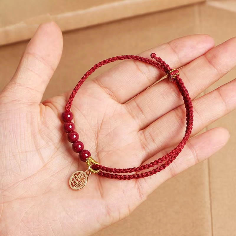 Handmade Braided Red String Cinnabar Bracelet with Fu Character Charm