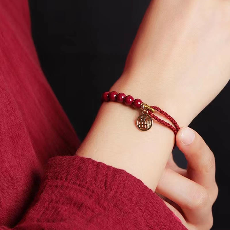 Handmade Braided Red String Cinnabar Bracelet with Fu Character Charm