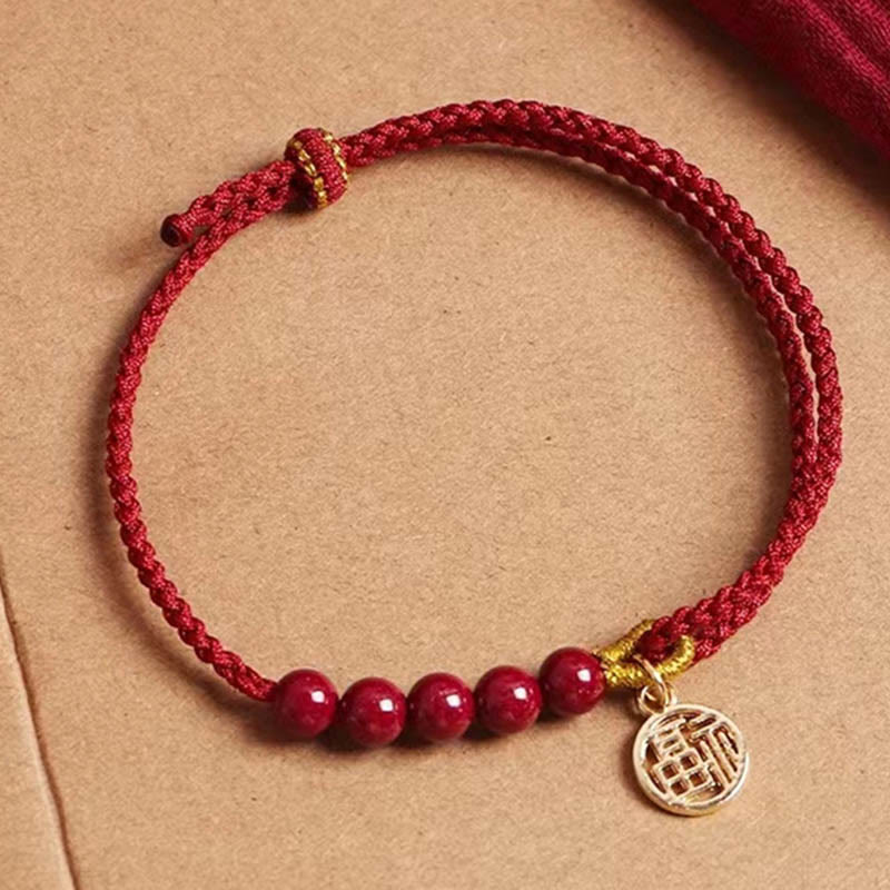 Handmade Braided Red String Cinnabar Bracelet with Fu Character Charm