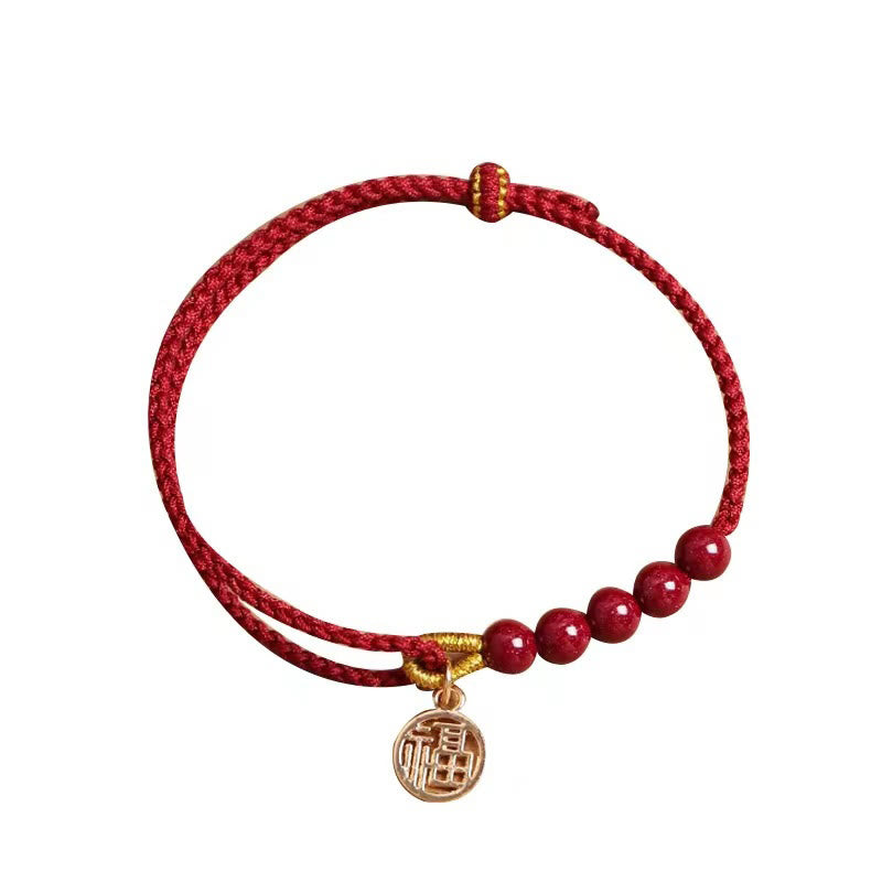 Handmade Braided Red String Cinnabar Bracelet with Fu Character Charm