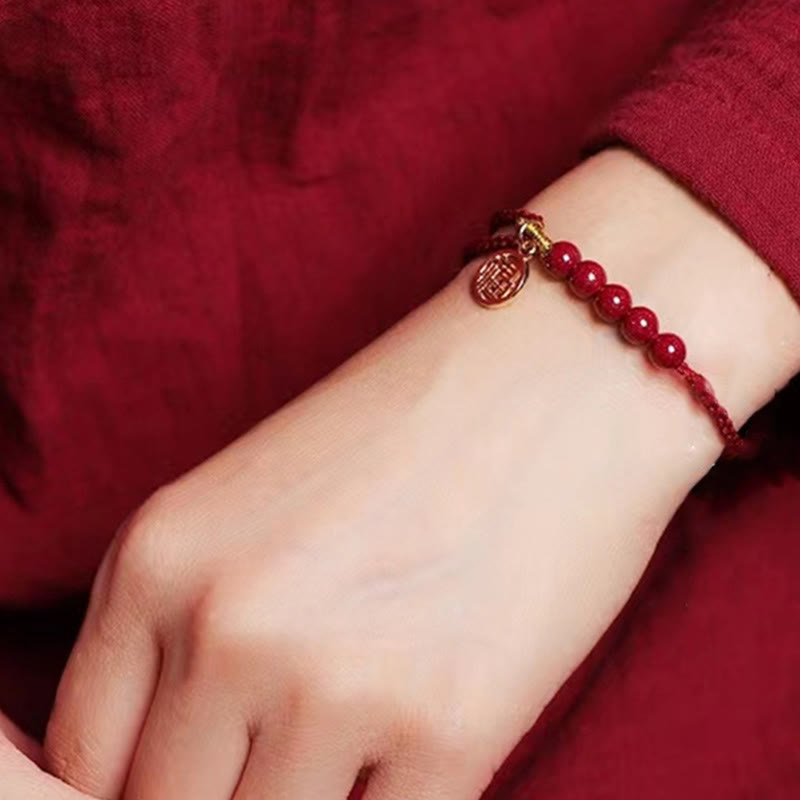 Handmade Braided Red String Cinnabar Bracelet with Fu Character Charm