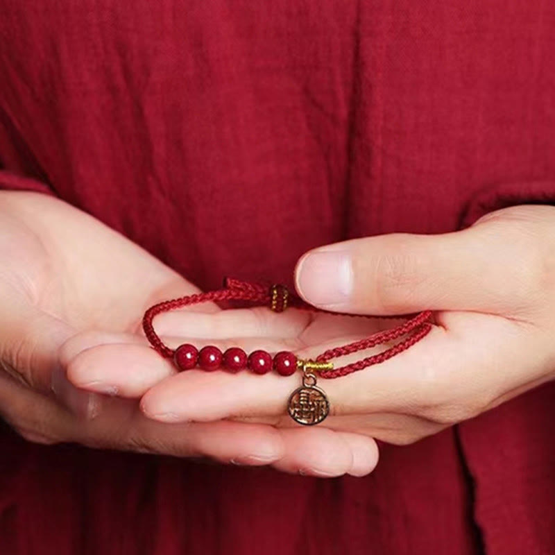 Handmade Braided Red String Cinnabar Bracelet with Fu Character Charm