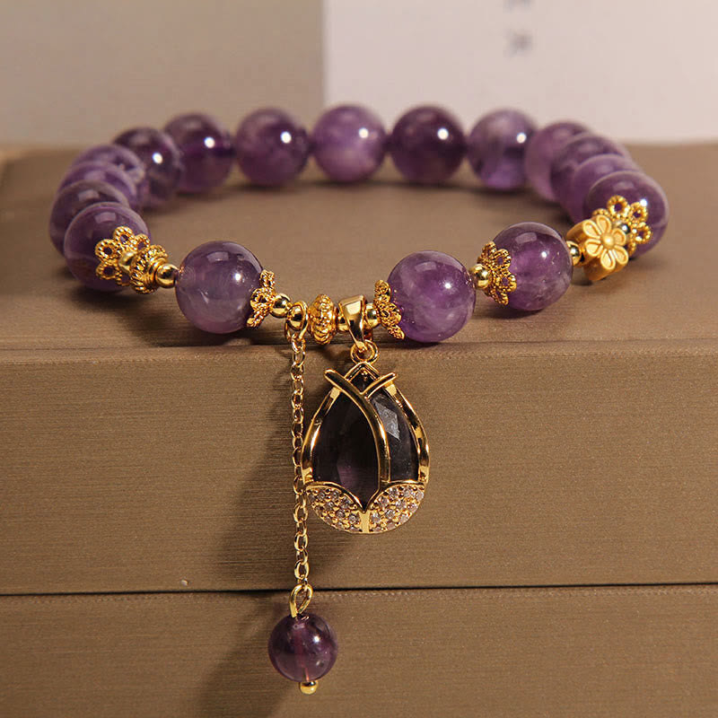 Amethyst Lily Charm Balance Healing Bracelet