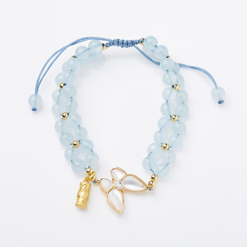 Natural Gemstone Gold & Copper Butterfly Bamboo Bracelet with Aquamarine Amethyst or Moonstone