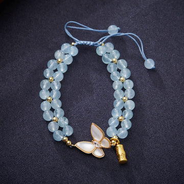 Natural Gemstone Gold & Copper Butterfly Bamboo Bracelet with Aquamarine Amethyst or Moonstone