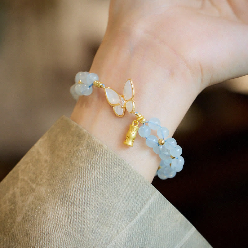 Natural Gemstone Gold & Copper Butterfly Bamboo Bracelet with Aquamarine Amethyst or Moonstone