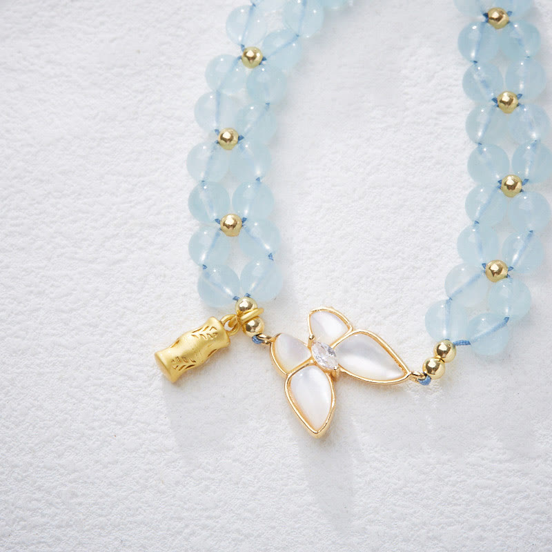 Natural Gemstone Gold & Copper Butterfly Bamboo Bracelet with Aquamarine Amethyst or Moonstone