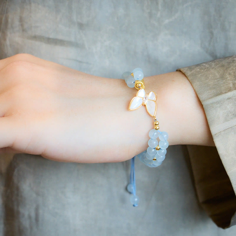 Natural Gemstone Gold & Copper Butterfly Bamboo Bracelet with Aquamarine Amethyst or Moonstone