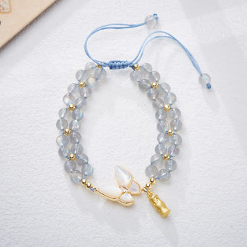 Moonstone Butterfly Bamboo Charm Double-row Beaded Bracelet