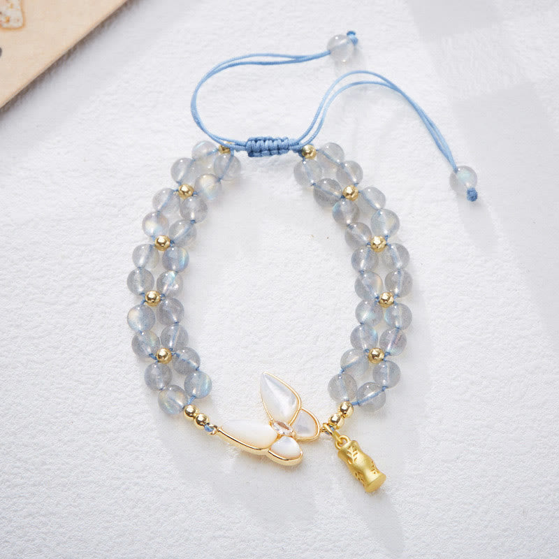 Natural Gemstone Gold & Copper Butterfly Bamboo Bracelet with Aquamarine Amethyst or Moonstone