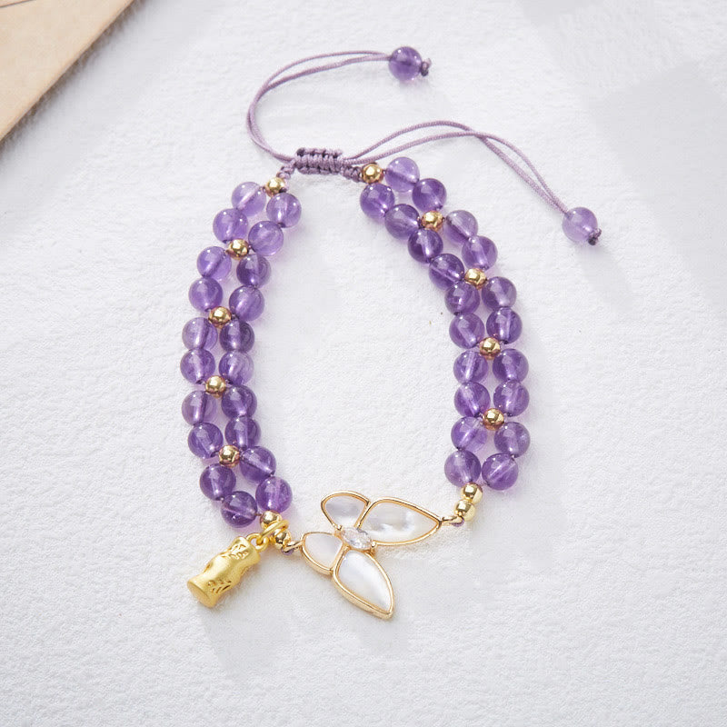 Natural Gemstone Gold & Copper Butterfly Bamboo Bracelet with Aquamarine Amethyst or Moonstone