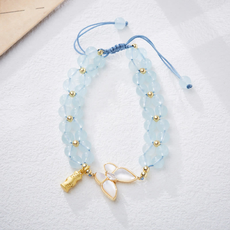 Natural Gemstone Gold & Copper Butterfly Bamboo Bracelet with Aquamarine Amethyst or Moonstone