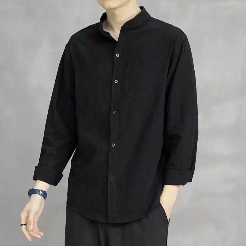 Men's Long Sleeve Shirt With Pocket Stand Collar Comfort Linen Shirt