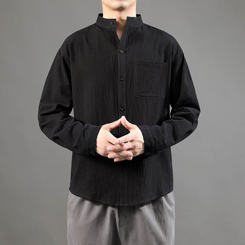 Men's Long Sleeve Shirt With Pocket Stand Collar Comfort Linen Shirt