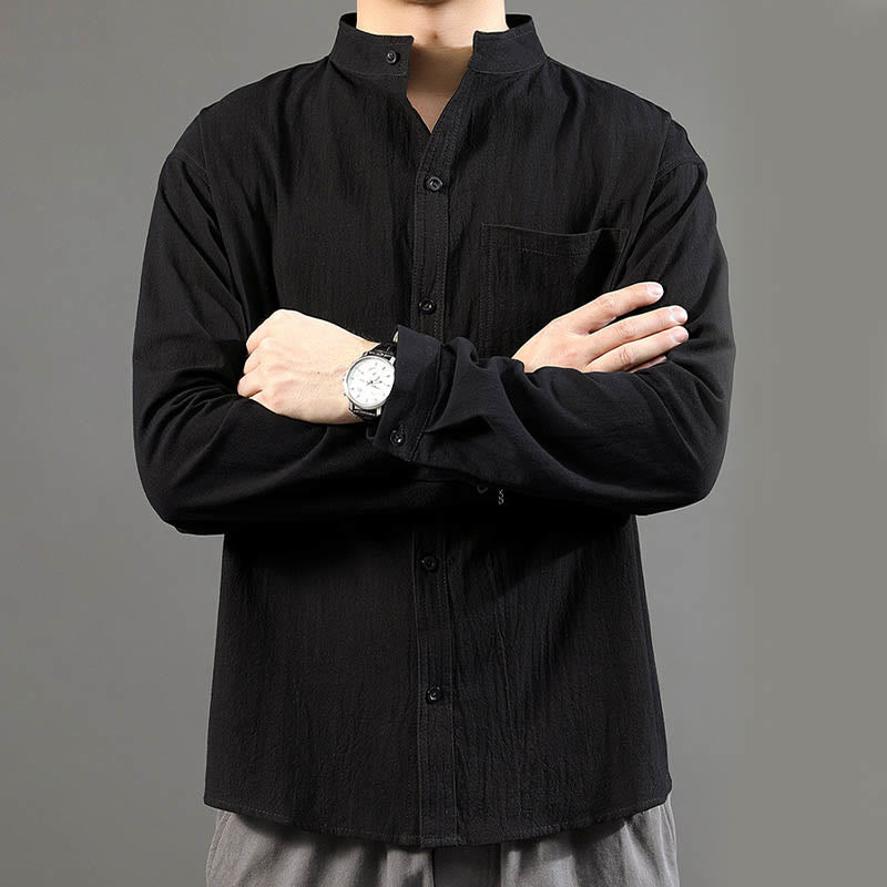 Men's Long Sleeve Shirt With Pocket Stand Collar Comfort Linen Shirt