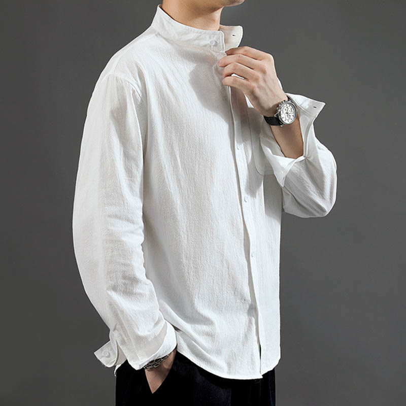 Men's Long Sleeve Shirt With Pocket Stand Collar Comfort Linen Shirt