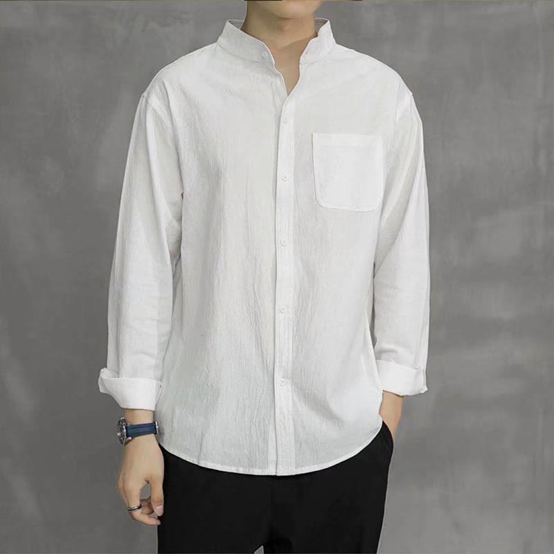 Men's Long Sleeve Shirt With Pocket Stand Collar Comfort Linen Shirt