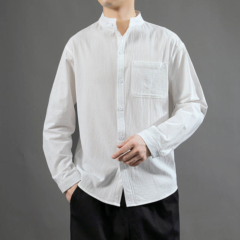 Men's Long Sleeve Shirt With Pocket Stand Collar Comfort Linen Shirt