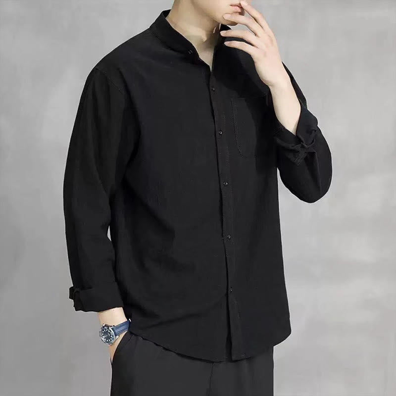 Men's Long Sleeve Shirt With Pocket Stand Collar Comfort Linen Shirt